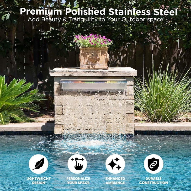 Kfpmx Pool Fountain Stainless Steel Waterfall with LED Lights - 35.4" LED Strip Remote Control with 18 Colors, Smooth Water Flow & Cascade Blade, Easy Installation for Outdoor, Garden, Patio & Ponds - Image 3